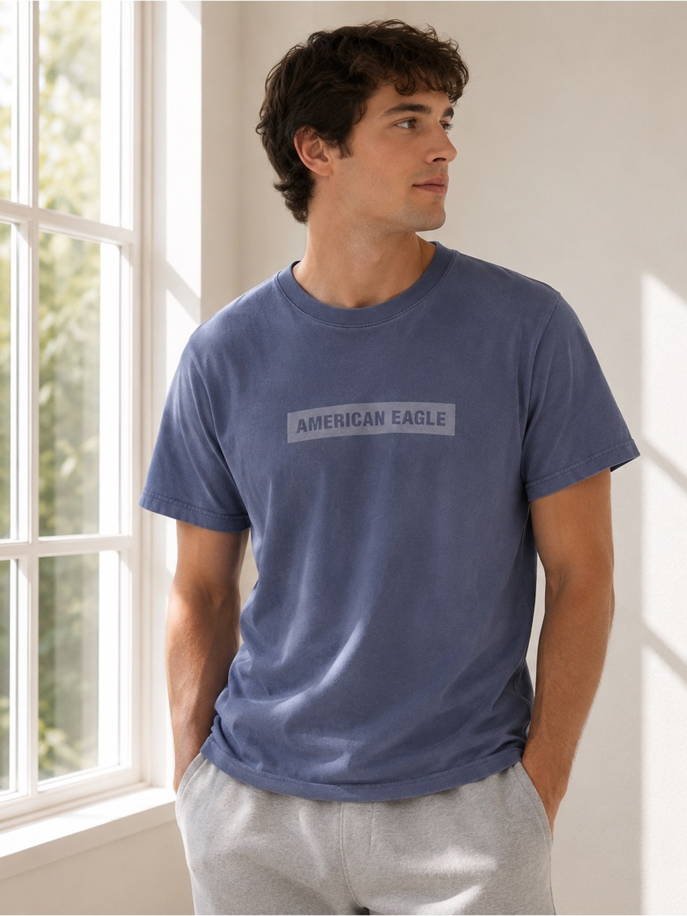 American Eagle Super Soft Slate Blue Box Logo Graphic Tee Small